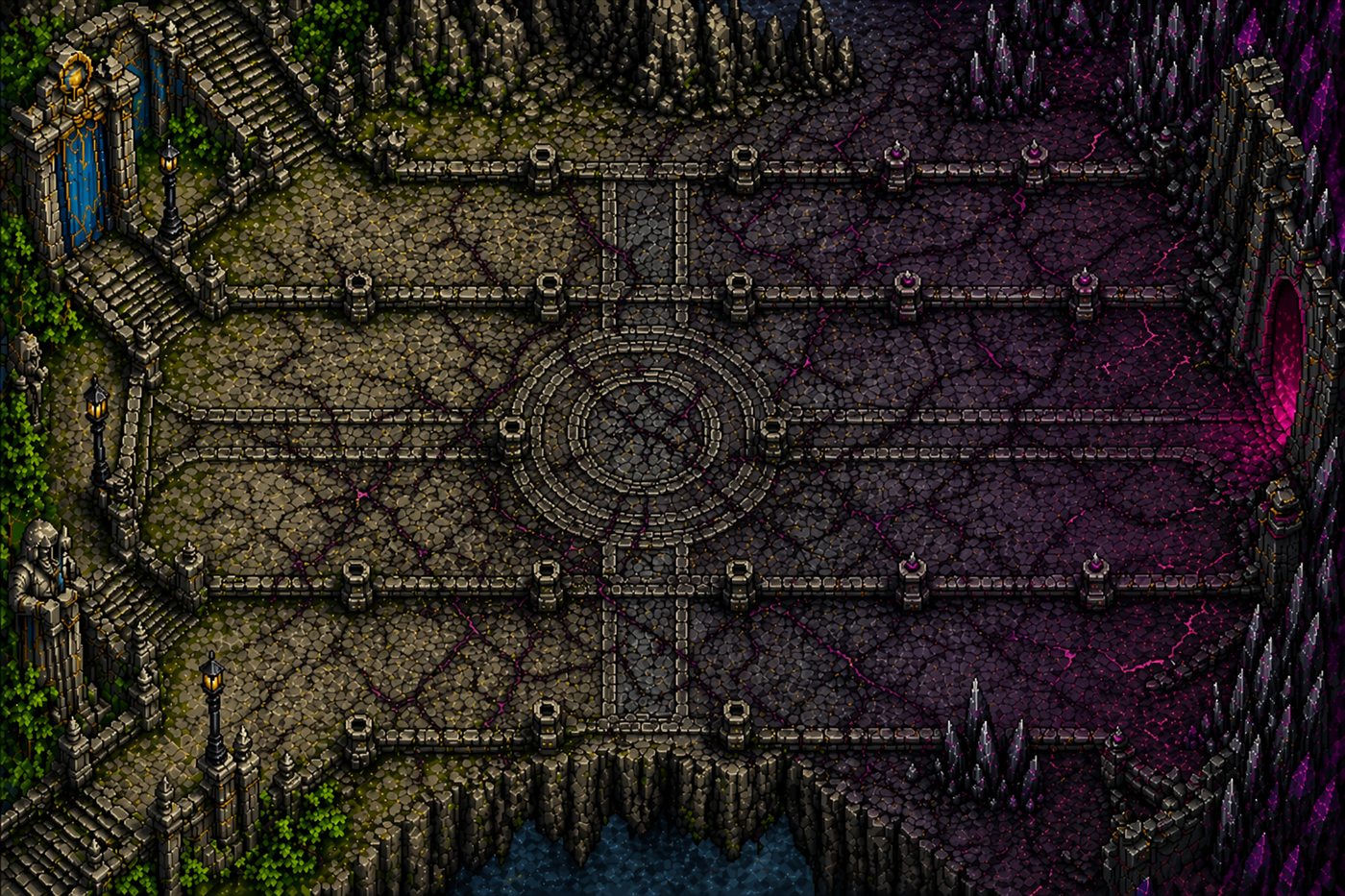 Corrupted battlefield art showing the siege pressure closing around the well.