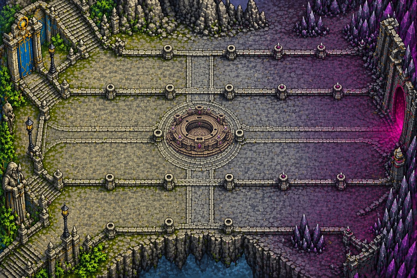 A tactical battlefield with lanes converging around the Wellsiege well.